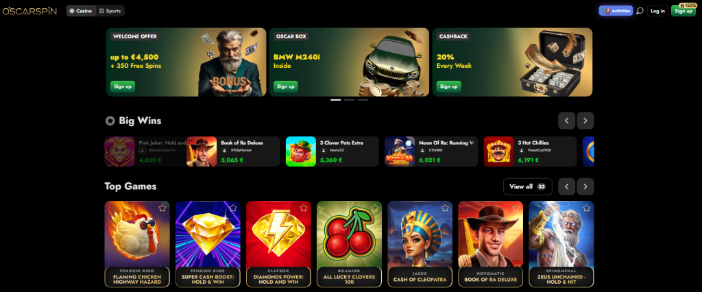 Startseite des Online Casino OscarSpin mit Willkommensbonus, Top-Spielen und aktuellen Jackpot-Gewinnen.